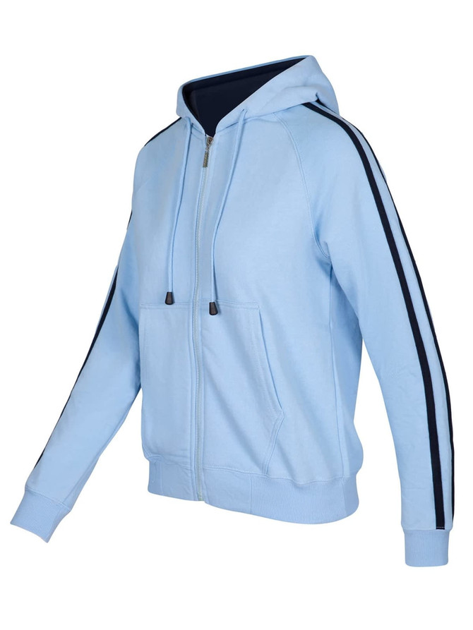 A light blue hoodie with black stripe sleeves, featuring a zip front and a kangaroo pocket. It has a hood and ribbed cuffs.