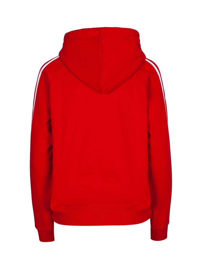 A red hoodie with stripe sleeves and a kangaroo pocket, featuring a hood and ribbed cuffs.