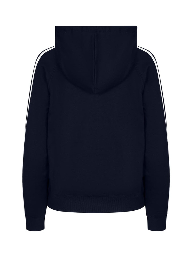 A navy blue women's hoodie featuring stripe sleeves and a hood, with a plain back.