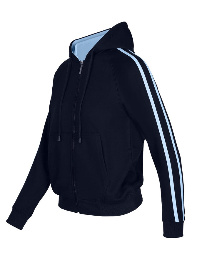 A black hoodie featuring blue stripe sleeves, with a zip front and a hood. It has a branding logo.