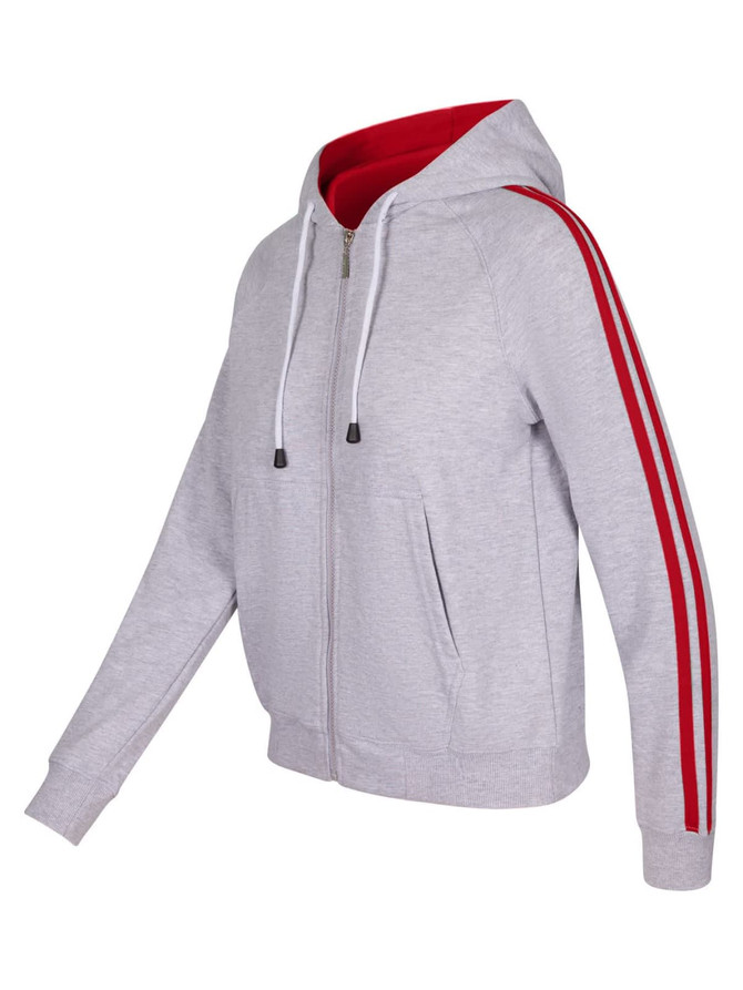 A grey hoodie with red stripes down the sleeves, featuring a zip closure and a red-lined hood.