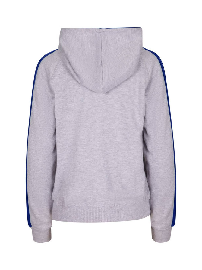 A light grey hoodie with blue stripe sleeves and a hood, featuring a logo on the back.