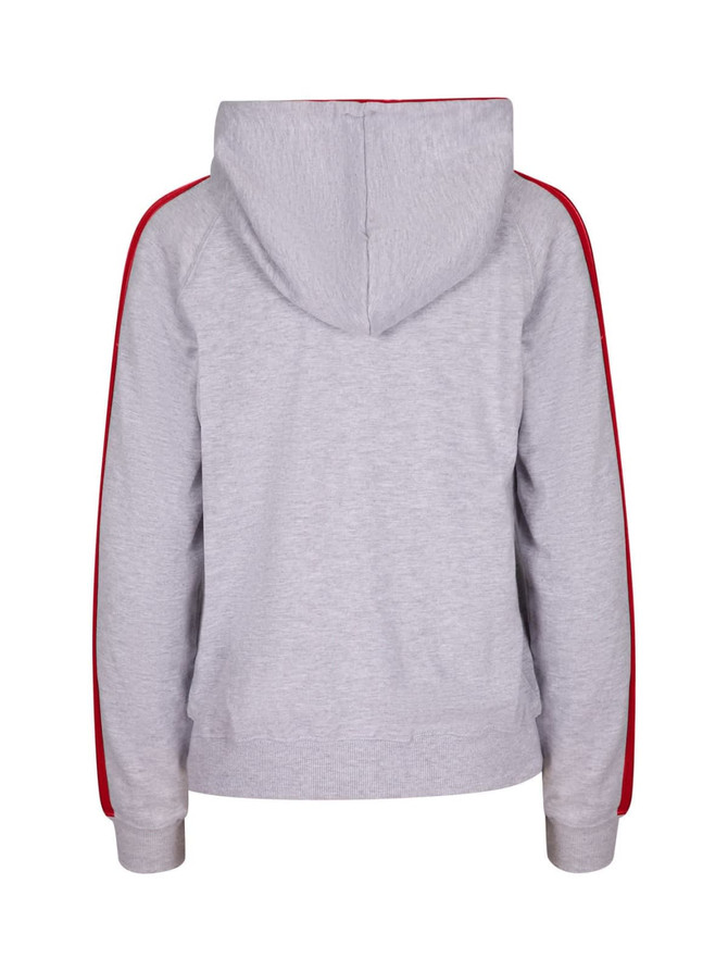 A grey women's hoodie with red stripe sleeves and a hood, featuring a logo on the back.