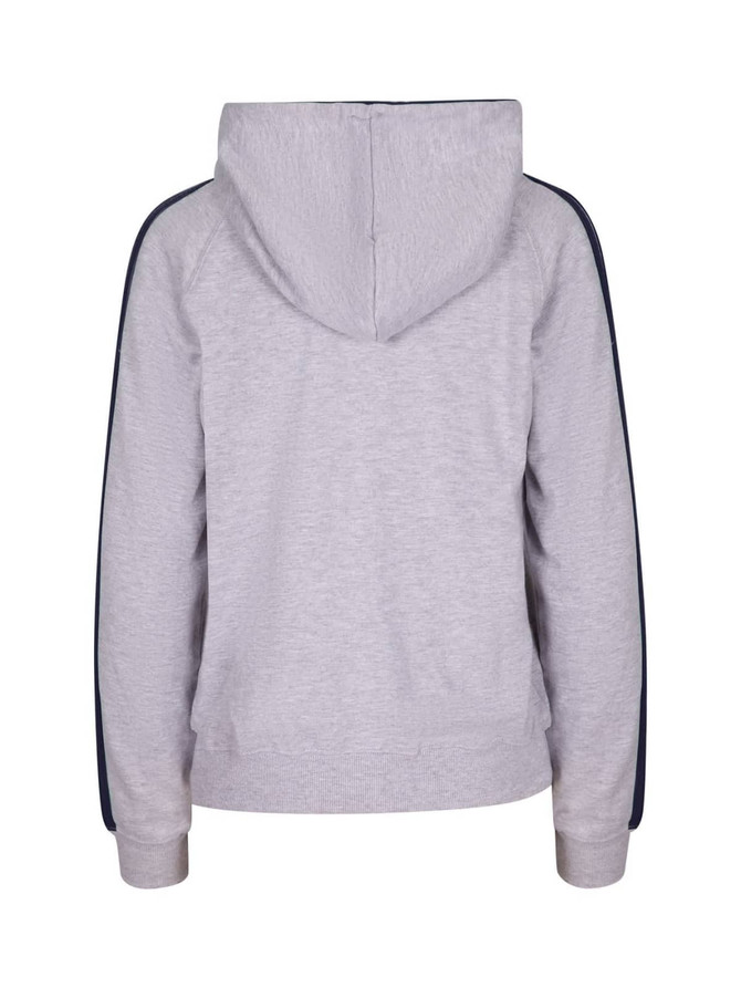 A grey women's hoodie with striped sleeves and a hood, featuring a logo on the back.