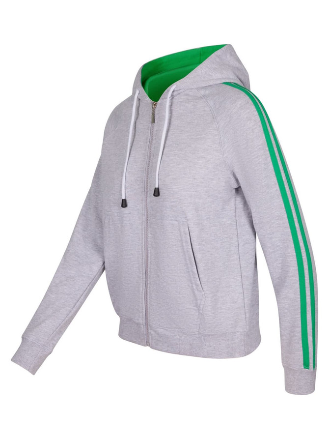 A grey hoodie with green stripe sleeves, featuring a zip front, pockets, and a green inner lining.