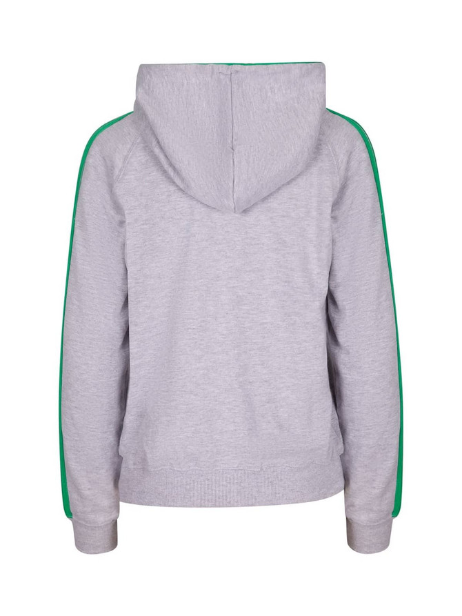 A grey hoodie with green stripe sleeves and a hood, featuring a logo on the back.