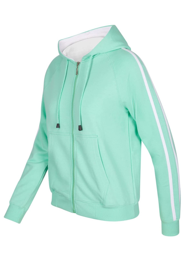 A mint green hoodie with white stripe sleeves and a front zip. It features a hood and front pockets.