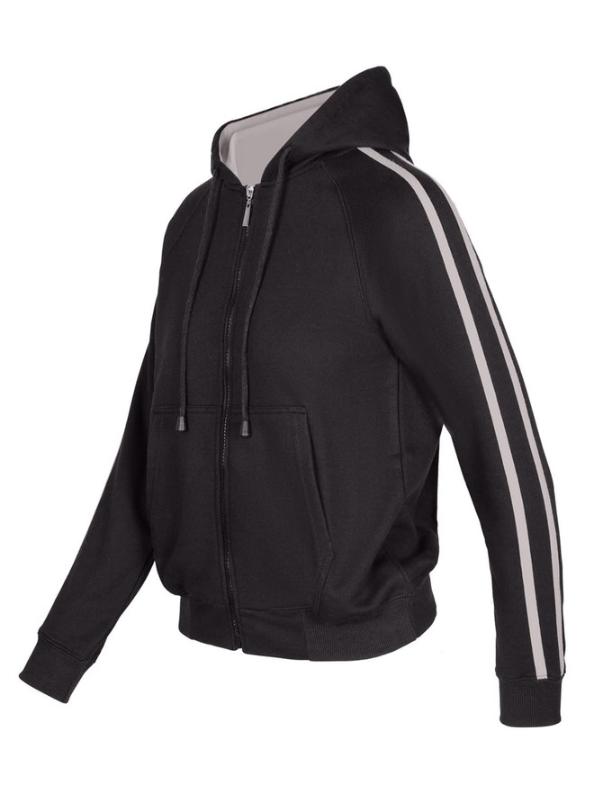 A black women's junior hoodie featuring striped sleeves and a front zip. It has a hood and side pockets.