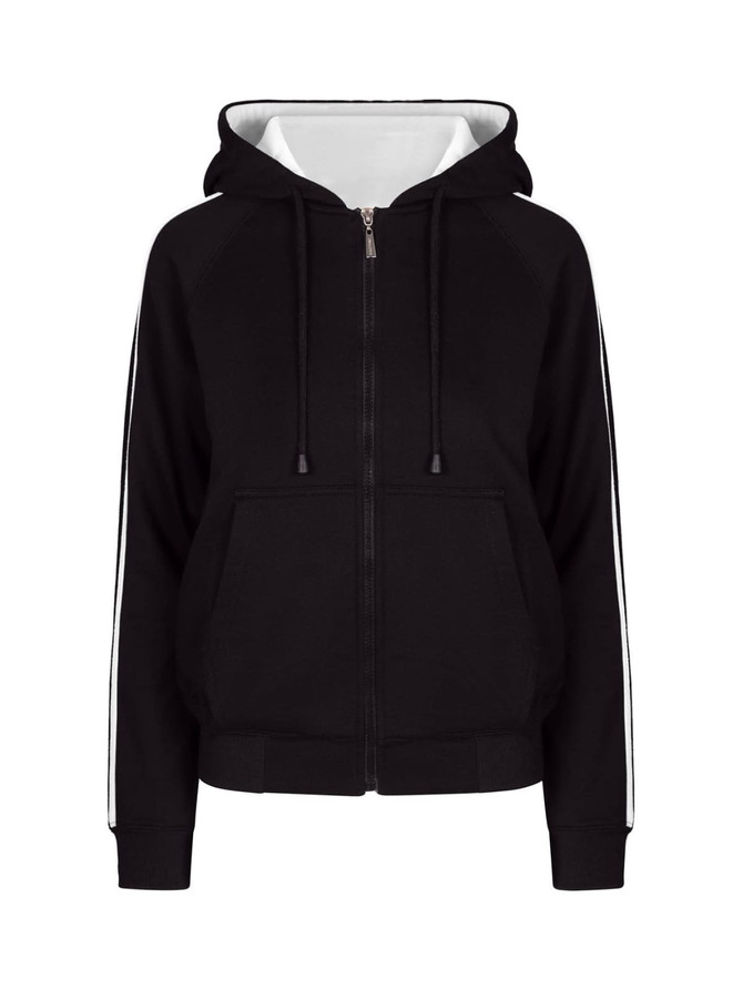A black zip-up hoodie with white striped sleeves and a front pocket. It features a hood and a branded logo.