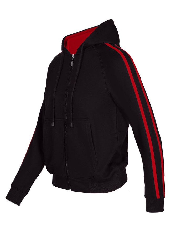 A black hoodie with red stripe sleeves and a red interior, featuring a zip closure and a hood.