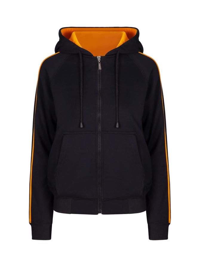 A black hoodie with orange stripe sleeves and a zip-front. It features a drawstring hood and front pockets.