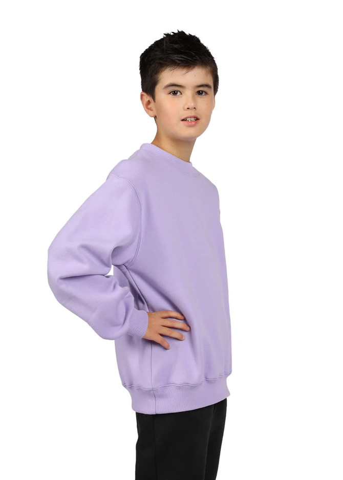A light purple kids' crew neck jumper featuring long sleeves and a relaxed fit. It has a logo on the front.