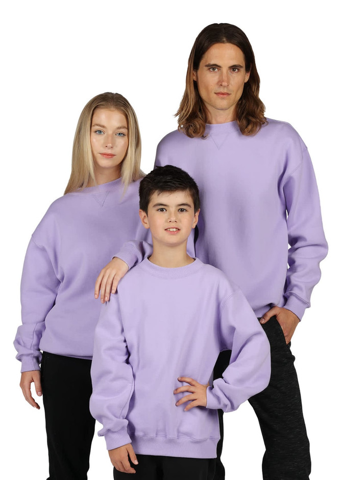 A purple crew neck jumper for kids and adults, featuring a relaxed fit and long sleeves. It includes a logo.