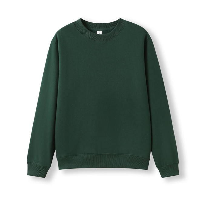 A green crew neck jumper featuring long sleeves and ribbed cuffs, with a logo on the inside label.
