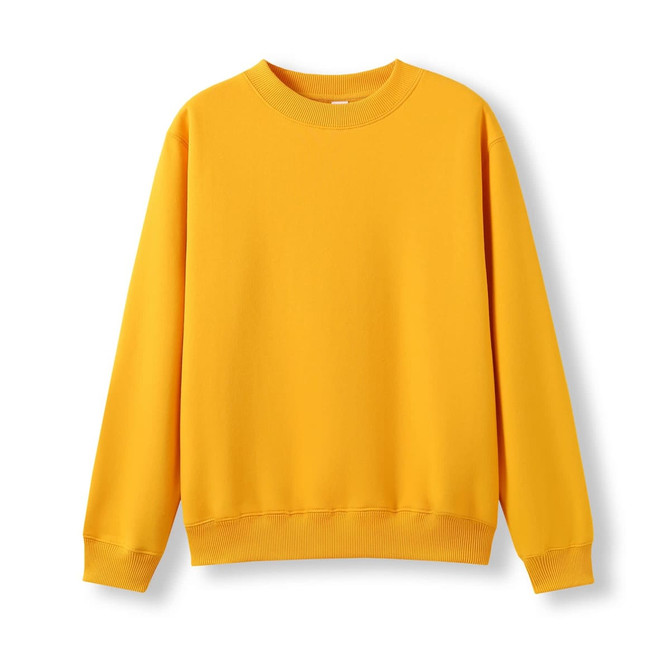A yellow crew neck jumper, featuring long sleeves and a relaxed fit. The garment has a branding logo on it.