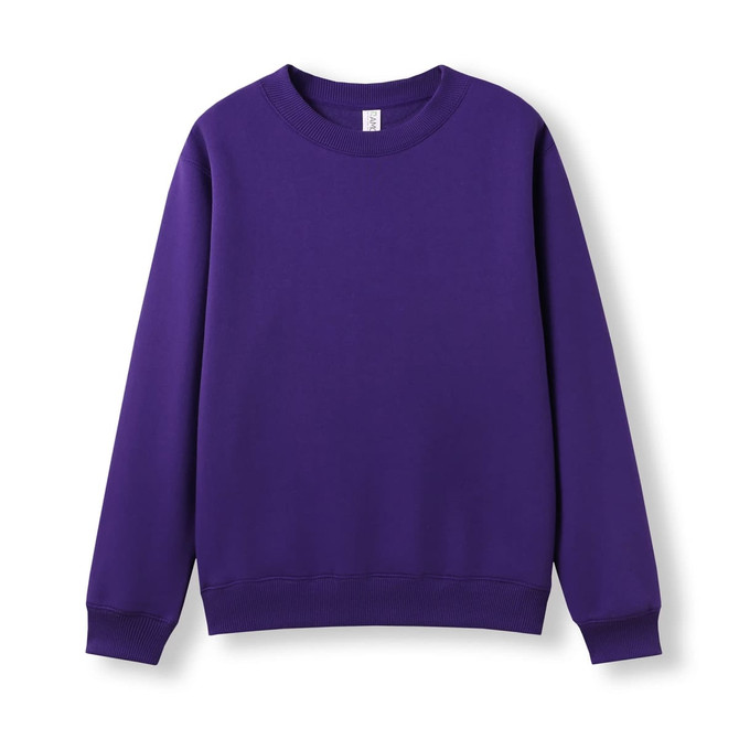 A purple crew neck jumper with long sleeves, featuring a ribbed collar and cuffs. It has a plain design and branding.