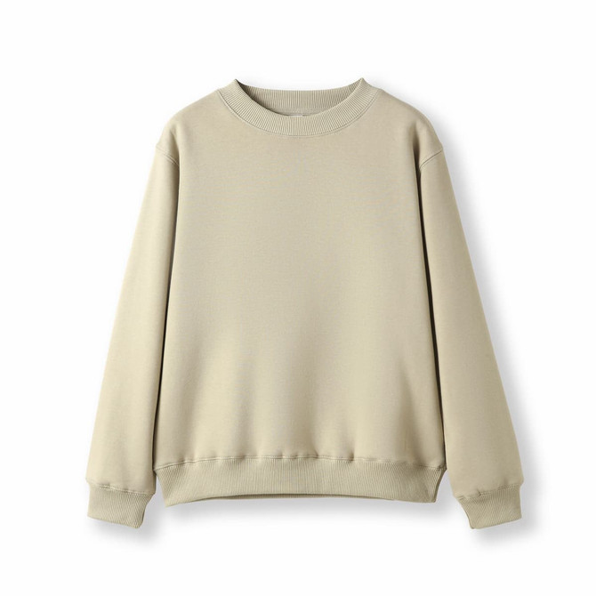 A beige kids' crew neck jumper with long sleeves and a relaxed fit, featuring a ribbed neckline and cuffs.