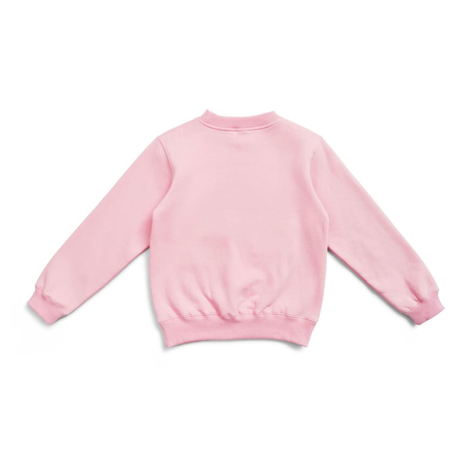 A pink crew neck jumper with long sleeves and ribbed cuffs, featuring a plain back.