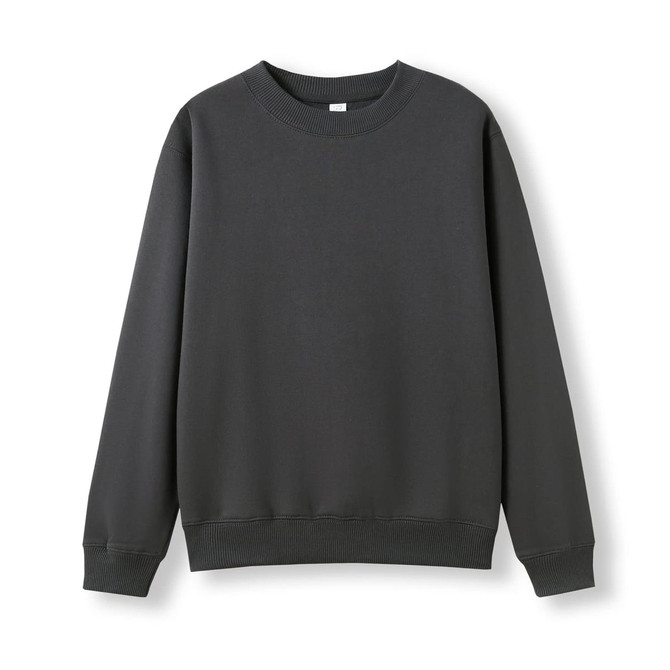 A dark grey kids' crew neck jumper with long sleeves and ribbed cuffs. It has a simple design and features a logo.