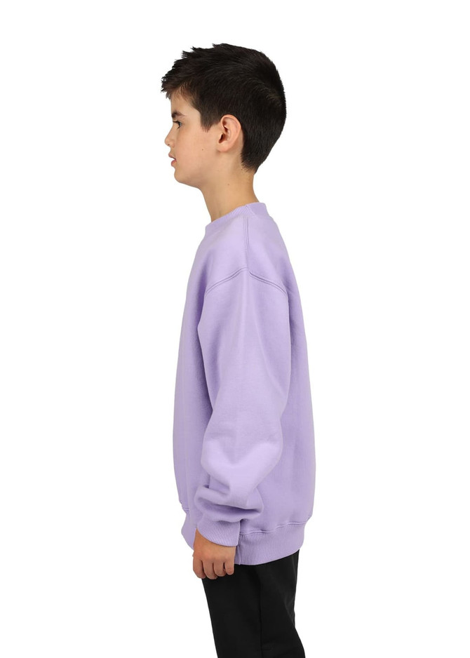 A side view of a child wearing a lilac crew neck jumper, featuring long sleeves and a simple design.