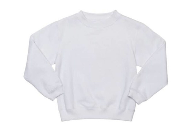 A white crew neck jumper with long sleeves featuring a simple design and a logo.