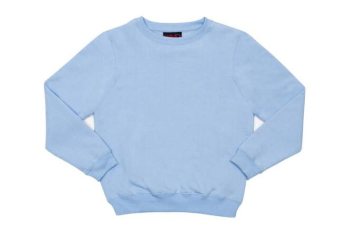 A light blue kids' crew neck jumper with long sleeves and ribbed cuffs. Features a logo on the inside neck.