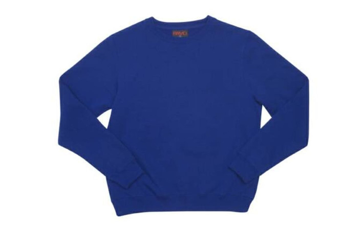 A blue crew neck jumper for kids, featuring long sleeves and a casual design. Includes a logo on the label.