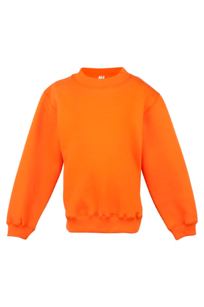 An orange crew neck jumper with long sleeves, featuring ribbed cuffs and waistband. It has a logo on the label.