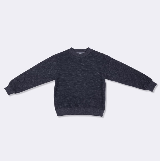 A dark grey crew neck jumper with long sleeves and ribbed cuffs and hem. It features a logo on the neckline.