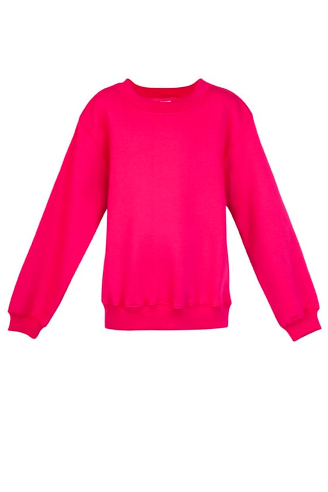 A bright pink crew neck jumper with long sleeves, featuring a simple design and a logo.