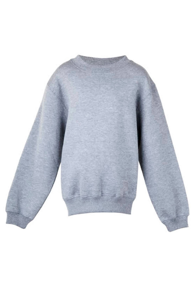 A grey crew neck jumper with long sleeves and a relaxed fit. It features a ribbed neckline and cuffs.