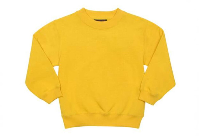 A yellow kids' crew neck jumper with long sleeves and a ribbed cuff. It features a logo on the front.