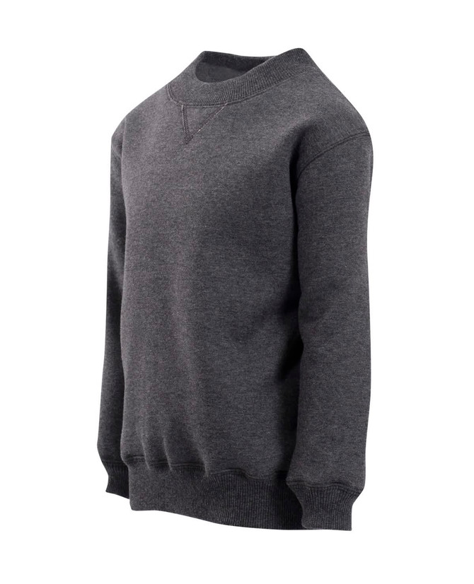 A grey kids' crew neck sloppy joe jumper with a simple design and ribbed cuffs. It features a logo.