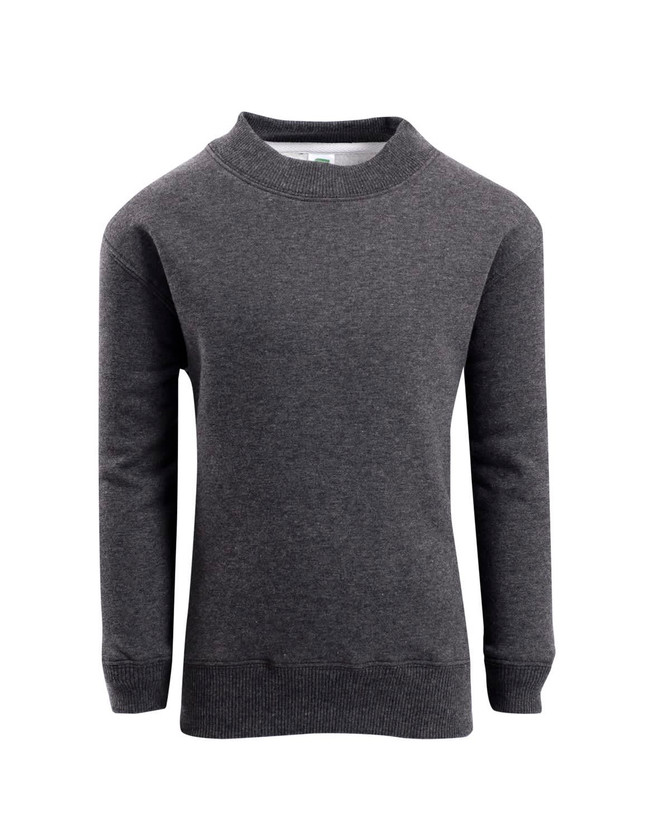 A grey kids' crew neck jumper, featuring long sleeves and a ribbed hem. The item has a branding logo.