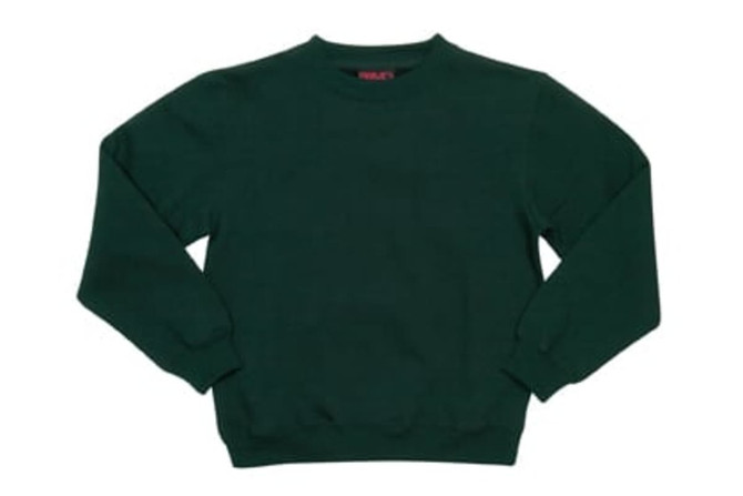 A green kids' crew neck jumper with long sleeves and a tag inside. It features a logo on the tag.