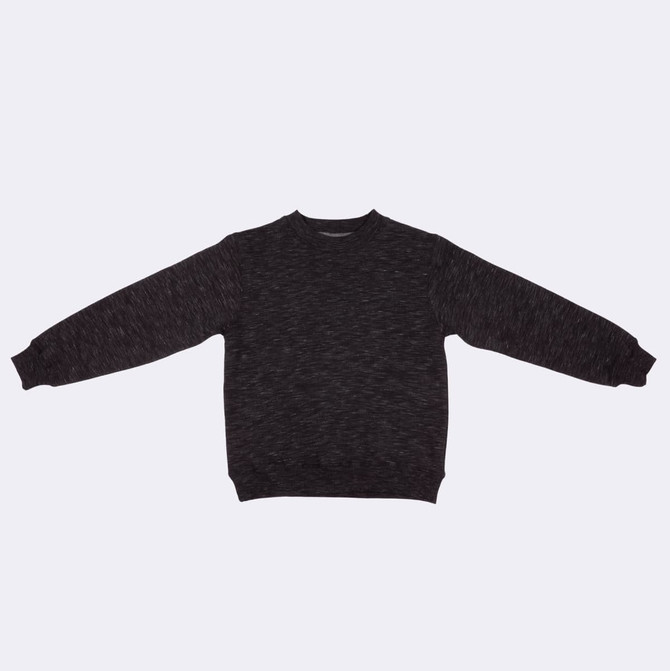 A dark grey kids' crew neck jumper with long sleeves and a ribbed hem. It features a logo on the front.