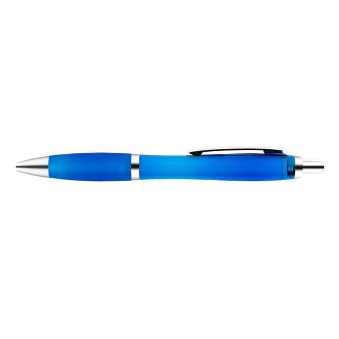A blue transparent pen with a silver clip and tip, featuring a smooth, glossy finish.