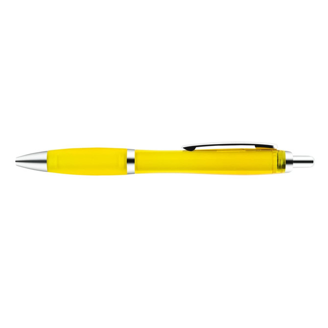 A yellow plastic pen with a transparent barrel and silver accents.