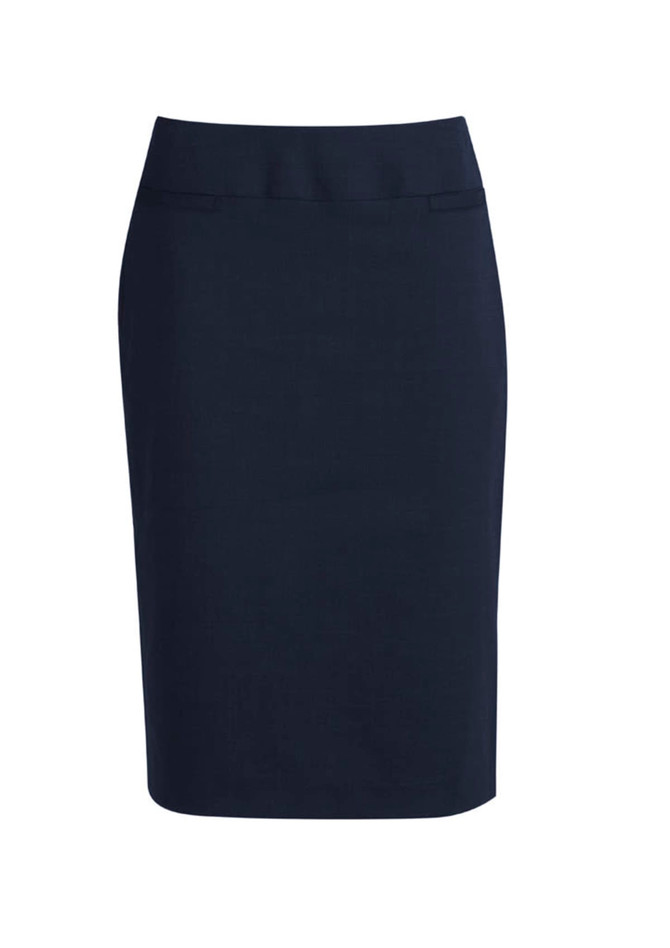 A navy lined skirt with a relaxed fit and wool stretch material. Features a subtle front pocket detail.