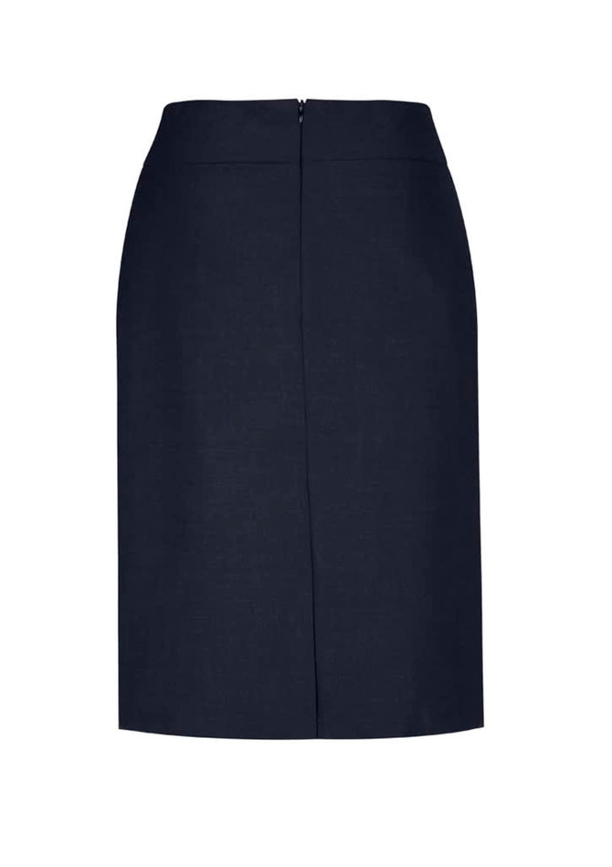 A navy wool stretch skirt with a relaxed fit and lined interior. Features a back zipper and logo branding.