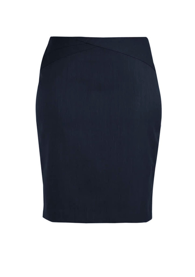 A fitted black skirt featuring a chevron band design and smooth fabric texture. It has a branding logo.