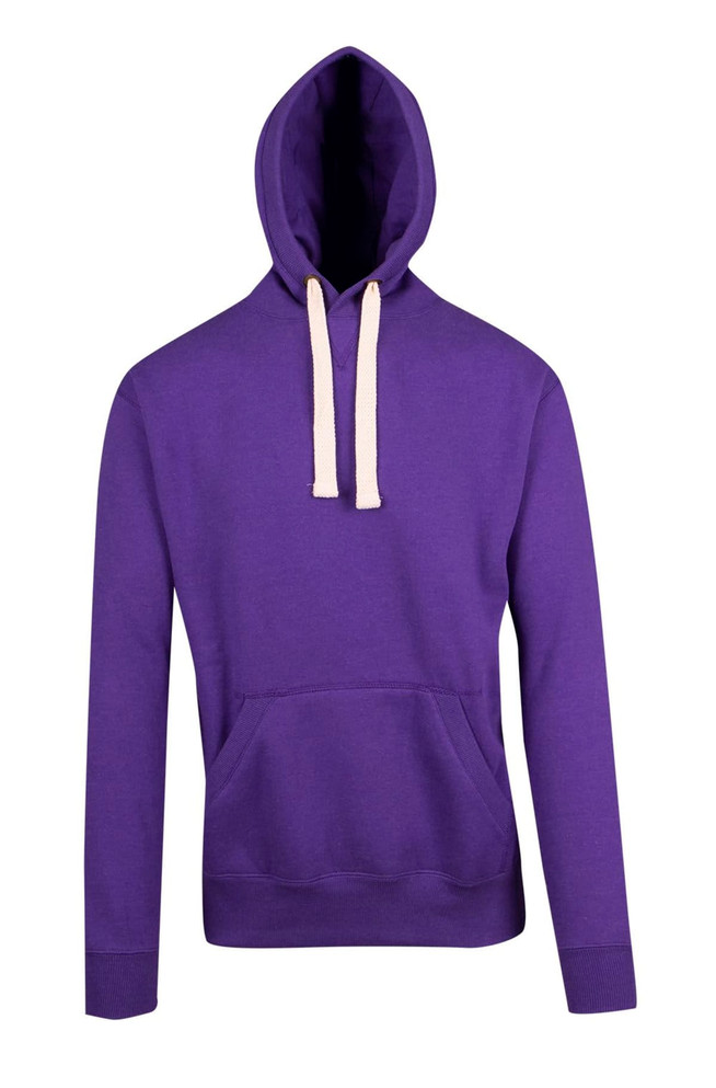 A purple mens brushed heavy fleece hoodie with a front pocket and contrasting drawstring. Features a logo.