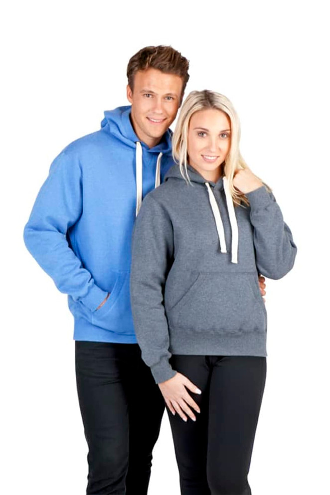 A blue men's hoodie and a grey women's hoodie, both featuring a front pocket and drawstring hood, with logos.