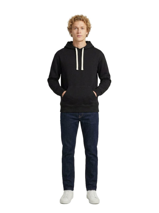 A blue men's brushed heavy fleece hoodie with a kangaroo pocket, worn by a model facing away from the camera.