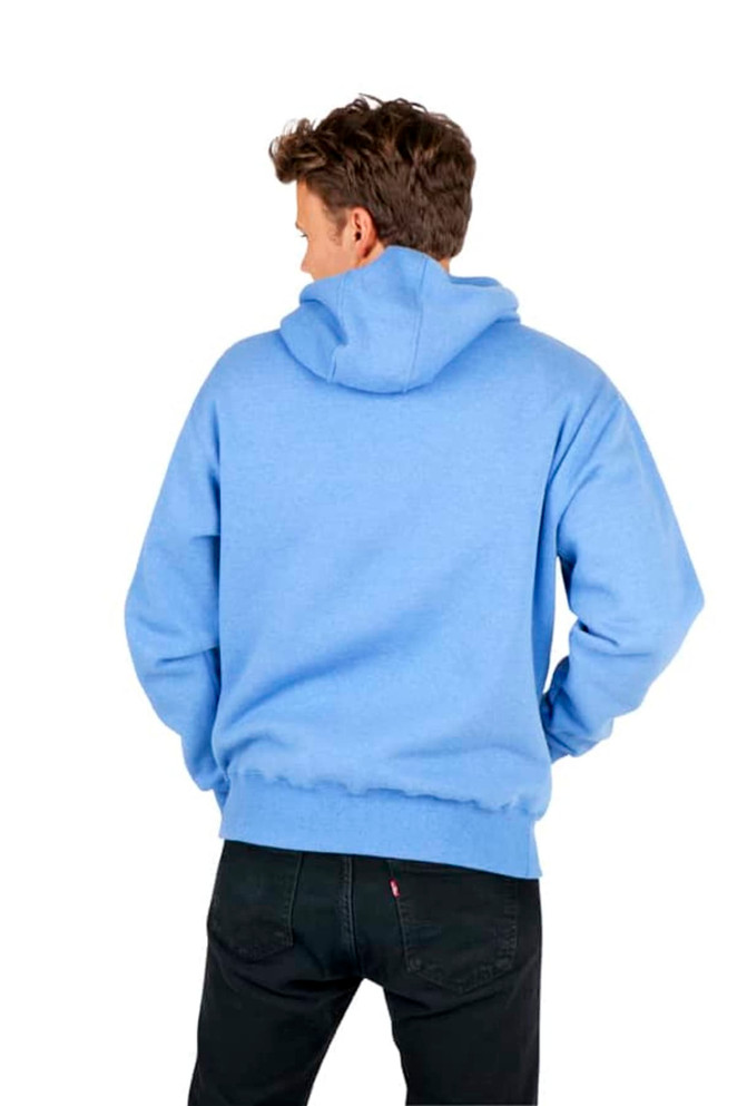 A blue men's brushed heavy fleece hoodie with a kangaroo pocket, worn by a model facing away from the camera.