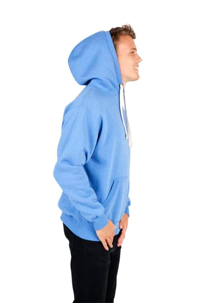 A blue men's brushed heavy fleece hoodie with a front pocket and a logo on the chest, modelled by a smiling man.