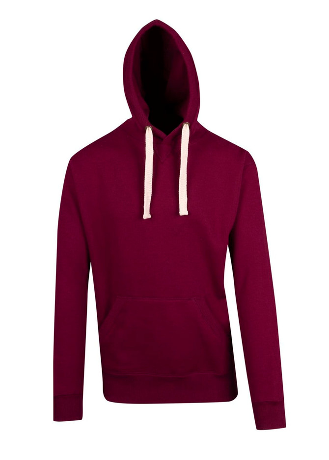 A maroon hoodie made from brushed heavy fleece, featuring a front pocket and a drawstring hood.
