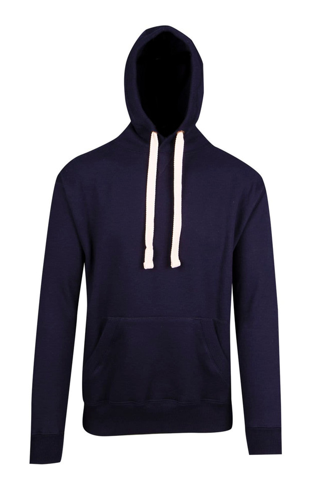 A navy hoodie featuring a lined hood, drawstrings, and a front pocket, with a logo displayed on the front.