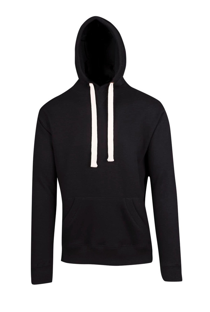A black men's brushed heavy fleece hoodie with a front pocket and contrasting drawstrings. It features a brand logo.