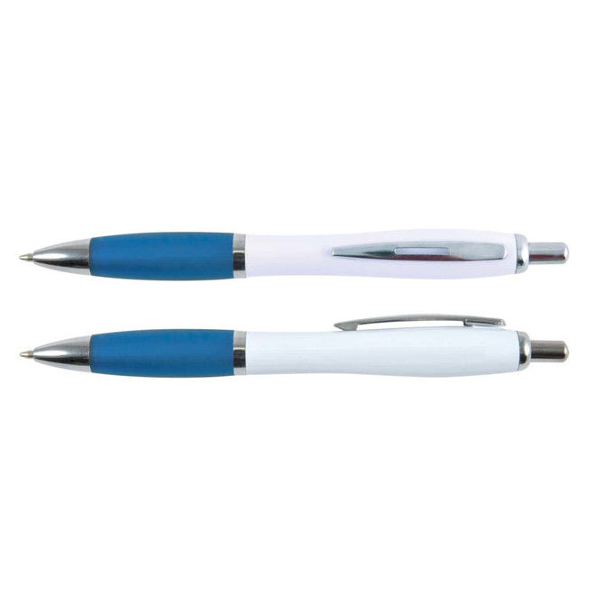 A set of white barrel pens with blue accents and chrome detailing, featuring a brand logo.